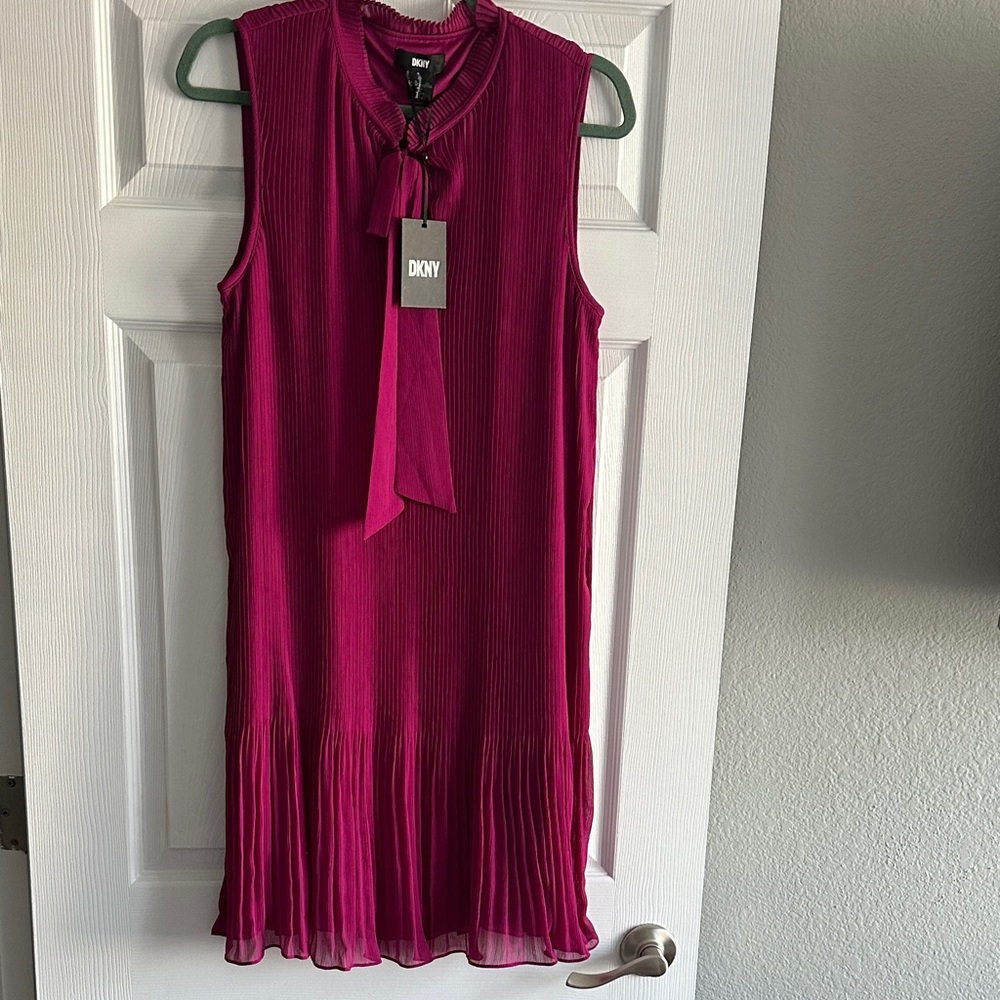 DKNY Berry Tie Neck Pleated Sleeveless Dress